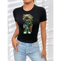 RMK T-Shirt Damen Shirt Top kurzarm Freizeit Rundhals Blume Garten "Cat Katze" aus Baumwolle