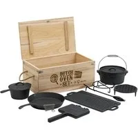 BBQ-Toro Grilltopf 10-teiliges Dutch Oven Set in Holzkiste mit Waffeleisen, Stieltopf, Gusseisen (Set, Dutch Oven Set in Holzkiste)