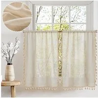 BTTO V&G Gardine Vintage-Quasten Fenstervorhänge Leinen kurze Vorhänge, Gaze-Vorhänge Stangentasche