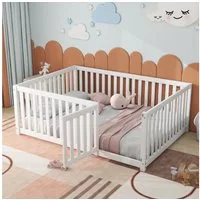 Odikalo Kinderbett 90x200 140x200, Holzboden Bettrahmen mit Zaun und Tür