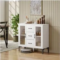 HOMCOM Sideboard mit 3 Schubladen, 2 Glastüren, verstellbaren Regalen (Modern Schubladenschrank, 1 St., Kommode), mit Soft-Close-Scharnieren, für Wohnzimmer Esszimmer Flur, Weiß