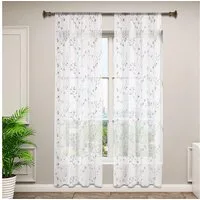 Woltu Gardine (2 St), halbtransparent, transparent Stickerei mit Kräuselband Leinen Optik