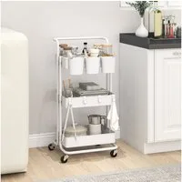 HOMCOM Servierwagen Rollwagen mit 3 Etagen, Ablagekörben, (Aufbewahrungswagen, 1 St., Küchenwagen mit Haken), Beistellwagen für Küche, Wohnzimmer, Stahl, Weiß