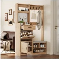 Merax Garderoben-Set in Naturholzoptik, Kompaktgarderobe mit Pegboard, (1-St., B108.5 × T35 × H180 cm), Flurgarderoben mit Schuhbank, 4 Kleiderhaken, Schublade & 2 Türen