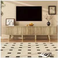 KLAM HOME Lowboard TV-Schrank 175 cm mit Rattan-Schiebetür, Walnussoptik & viel Stauraum (mit Schubladen & Schrank – natürliches Design), Landhausstil Fernsehtisch aus MDF mit offenen Fächern