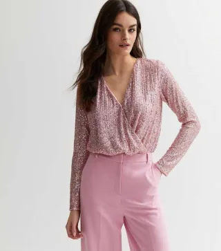 Pailletten-Wickel-Bodysuit mit langen Ärmeln