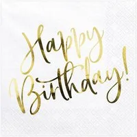 partydeco Papierserviette, Servietten Happy Birthday 33x33cm 20 Stück, weiß / gold