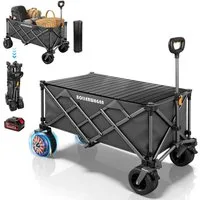XERSEK Bollerwagen Elektrisch Handwagen mit Klapptisch Breiträder 4Ah-Akku,Transportwagen (Elektrokarre Faltbollerwagen, 105×61×64cm, Griff 60-100cm, Bürstenlosmotor, Kompatibel m.Makita Akku), Campingwagen max.5km/h Perfekt für Gehtempo, Grau