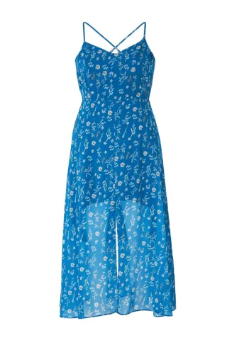Curve Damen Maxikleid in Blau mit Blumenmuster, ärmellos, A-Linie, Partykleid in Übergröße
