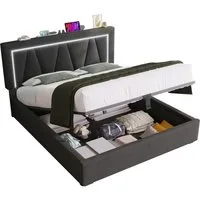 Flieks Polsterbett, LED Doppelbett Stauraumbett + USB/Typ-C Ladefunktion 160x200cm Leinen