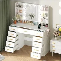 BEWISHOME Schminktisch mit LED-Spiegel, Föhnhalter, Ladestation, 11 Schubladen (1-St), 110 x 40 x 140 cm
