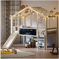 REDOM Kinderbett Massivholz-Hochbett im Spielhaus-Stil, mit Rutsche & Leiter (Holzbett, Kreativ-Tafel, 90×200 cm), ohne Matratze