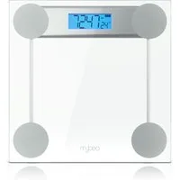 MyBeo Personenwaage digitale Waage für Personen, große Trittfläche aus 6mm Sicherheitsglas, 1-tlg., Badezimmer Digitalwaage, schmales Design, max. Belastung über 150 kg