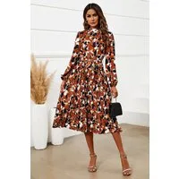 FS Collection Midikleid Damen Bardot-Midikleid hochgeschlossen, langarm, plissiert (XS (EU:36 / UK:8) · S (EU:38 / UK:10) · M (EU:40 / UK:12) · L (EU:42 / UK:14) · XL (EU:44 / UK:16) · XXL (EU:46 / UK:18), 2 Farben : Rostrot und Grün) 100 % Polyester