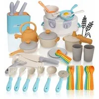 alldoro Kinder-Küchenset XXL Kinderküchen-Spielzeug Set 45-teilig, für Kinder ab 3 Jahren, mit Spielherd, Töpfen, Pfannen, Geschirr, Besteck, Messerblock