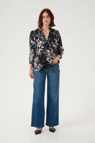 Langarm-Bluse A-shape Black/White Painted Flower floral