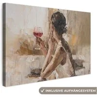 OneMillionCanvasses® Leinwandbild Kunstdrucke - Ölfarbe - Frau - Wein, Fotodruck (1 St), Leinwand Bilder Klein, Wand Dekoration Aesthetic 30x20 cm