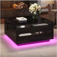 MODFU Couchtisch Höhenverstellbarer Couchtisch 70x70x38 cm (Satztisch, Sofatisch, 1-St., 1 Schublade, 1 hochklappbaren Türen), Hochglanz-Beistelltisch mit LED-Lichtleiste und verstecktem Stauraum
