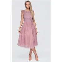 OMBRE Abendkleid Damen Midi-Kleid mit Rüschen und Rundhalsausschnitt Pink XL (kein Set, 1-tlg) mit Volant