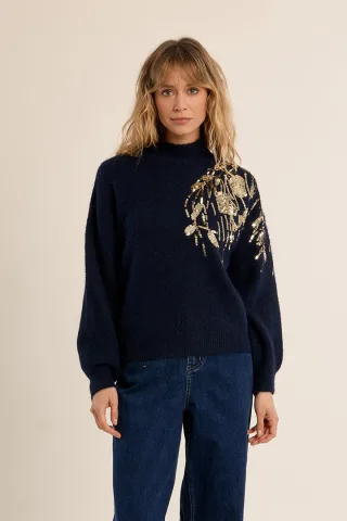 molly bracken - Pullover mit Perlen blau - Gr. - XS