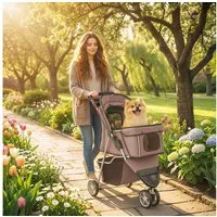 PawHut Hundebuggy Katzenwagen Haustierbuggy verstellbares Verdeck Aufbewahrungskorb, (klappbar Hundewagen, 1-tlg), für kleine Hunde bis 10kg, Kaffee