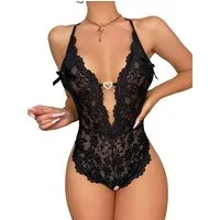 Lovolotti Body-Ouvert Reizvolle Dessous Nachtwäsche Babydoll Unterwäsche mit Neckholder sexy Nachtkleid Bodysuit Spitze Durchsichtig transparent