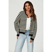 FS Collection Cardigan Damen Strickjacke Cardigan Schwarz-Weiß mit Geomuster – Strickwaren (Einheitsgröße UK 8–16 / EU 36–44) 56 % Viskose, 26 % Polyester, 18 % Wolle