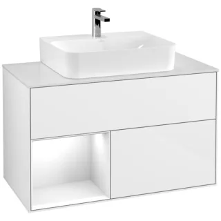 Villeroy und Boch Finion Waschtischunterschrank F111GFGF 100cm, Abdeckplatte black matt, Regal links Glossy white lacquer, Glossy white lacquer