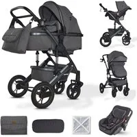 Bronea Kombi-Kinderwagen EXQUISE 2.0 Kinderwagen 3-in-1 GREY/GREY mit BUGGY, AUTO-BABYSCHALE, HOCHWERTIGES MODELL, Wickeltasche, Regen-, Mücken- & Sonnenschutz