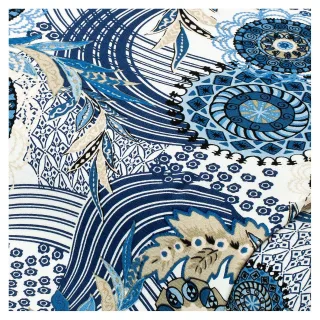 Viskose-Jersey "Kreise & Blätter", weiß/blau