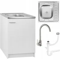 STAMAR Spülenschrank Spülenschrank Komplettset 60cm Weiß Spüle Edelstahl Hocharmatur Siphon Unterschrank stehend 1 Tür 60x60cm Bohrung Geschirrspüler 36,5cm Set