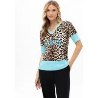Passioni T-Shirt mit Leopardenprint und Türkisem Saum Sommer Shirt mit Leopardenmuster und V-Ausschnitt