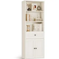 ODK Bücherregal mit Türen, Schrank & Schublade, 5 Ebenen Aufbewahrung, 1-tlg., 164,2 cm Höhe, Weiß, Ideal für Wohnzimmer, Büro & Schlafzimmer