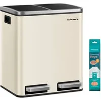 SONGMICS Mülleimer 2 Fächer, Mülltrennsystem, Treteimer, Abfalleimer Küche, 15 Müllsäcke, 2x15 L, Inneneimer aus Kunststoff, Klappdeckel, Softclose, luftdicht