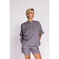 Zhrill Blusenshirt PARA Bluse denim look bequeme Passform, Kurzarm, mit Stehkragen, mit Knopfleiste