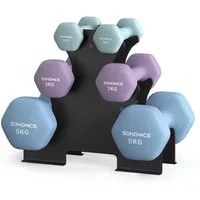 SONGMICS Kurzhantel Set, Hexagon, 2 x 1 kg, 2 x 3 kg, 2 x 5 kg, Krafttraining, zu Hause, (mit Hantelständer), mattes, Neopren-Beschichtung, seeblau, königsviolett und blassblau