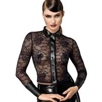 Noir Handmade Trägertop Damen Spitze schwarz Top Bluse mit Knopfleiste und Kragen skinny elast