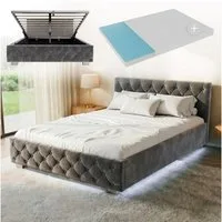 Juskys Polsterbett Nizza, 140x200 cm, LED Licht, Stauraum, Samtbezug, inkl. Matratze