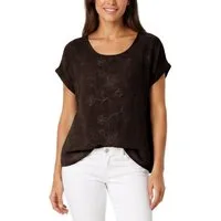 dy_mode Kurzarmbluse Kurzarm Bluse Elegantes Baumwollshirt Damen einfarbig Blusenshirt in Unifarben, Rundhalsausschnitt, mit Blumenstickerei