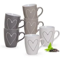 matches21 HOME & HOBBY Tasse Schöne Kaffeetassen 6er Set einfarbig mit Herzen Landhaus-Stil, 6-tlg., Keramik, Tee Kaffee-Becher, modern, grau beige weiss, 250 ml