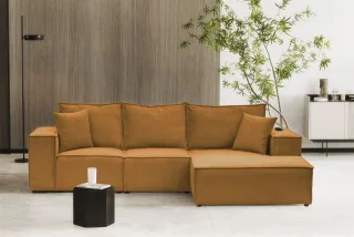 Ecksofa Sofa ALVARO inkl. QI Ladegerät Stoff Poso Senfgeld Ottomane Rechts