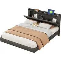 Flieks Polsterbett, LED Doppelbett 160x200cm mit Ladeanschluss und Stauraum am Kopfteil