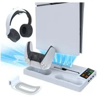 KINSI Kühlender Ladestandard für PS5 Pro & Slim,Multifunktions-Ständer Controller-Ladestation (Für PS5 Slim/PS5 PRO, mit Doppel-Controller-Ladestation, Headset-Halter)