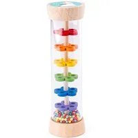 Woodyland Lernspielzeug 91970 Rainmaker rattle - Holzrassel mit bunten Holzkugeln, Rassel mit 6 Hindernissen und bunten Holzperlen