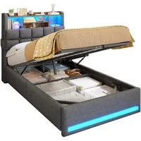 MSMASK Polsterbett Hydraulisches Stauraumbett mit LED-Bleuchtung, 90X200 cm (1-tlg., Ohne Matratze), Jugendbett mit USB- und Type-C-Anschlüsse, Leinenstoff