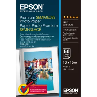 ORIGINAL Epson Papier Weiss C13S041765 Premium Semigloss 50 Blatt Fotopapier, 10 x 15 cm, 251 g/m², 50 Blatt, Stylus Premium semigloss