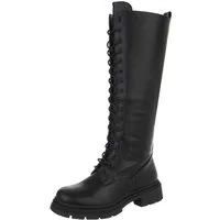 Ital-Design Langer Schnürstiefel für Damen – Komfortabel und stilvoll Plateaustiefel (90109834) Blockabsatz Stiefel in Schwarz