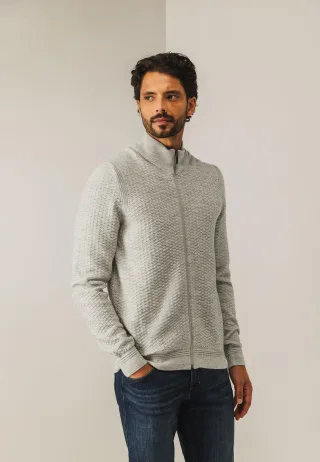 State of Art - Melierte Strickjacke mit Strukturmuster hellgrau/hellbeige - Gr. - XL