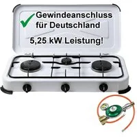 BlueCraft Gaskocher 3 flammig 50mbar Propan Gas Campingkocher 5,25 kW Gas-Kochfeld Gasherd, (mit Schlauch 100 cm und Gas Regler Druckminderer mit Manometer), Camping Gas Kocher 3 flammen für Gasflasche