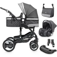 VESKA Kombi-Kinderwagen 3in1 inkl. Babyschale, Buggy, Jogger, mit Wickeltasche, Ess&Spieltisch, Moskitonetz, Regencover, Autoschale Fußsack, Aluminiumrahmen
